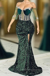 Jewel Mermaid Lace Applique Sequined Floor-length Half Sleeves High Split Semi Formal Prom Dresses